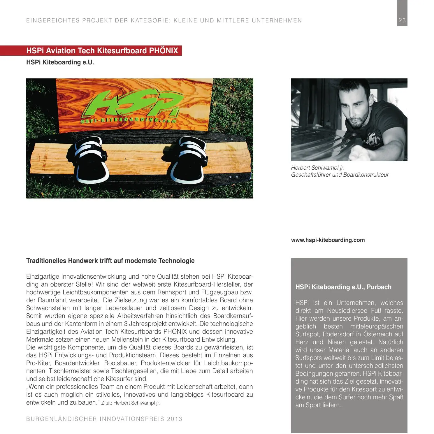 Offizielles Projektblatt zum Aviation Tech Kitesurfboard PHÖNIX beim Burgenländischen Innovationspreis 2013