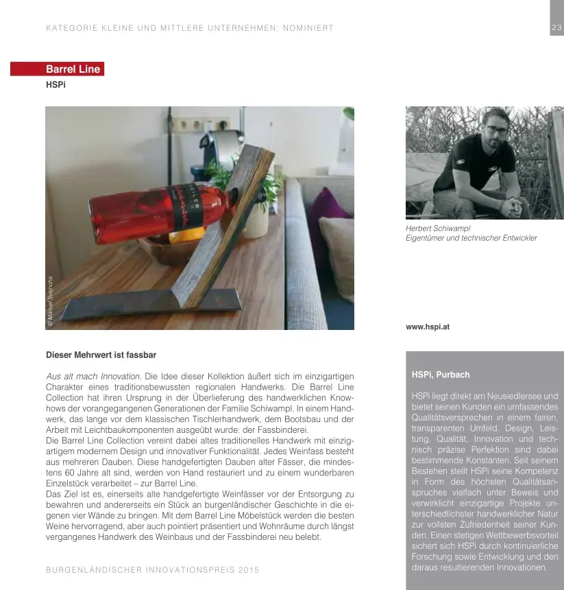 Offizielles Booklet zur HSPi Barrel Line beim Burgenländischen Innovationspreis 2015