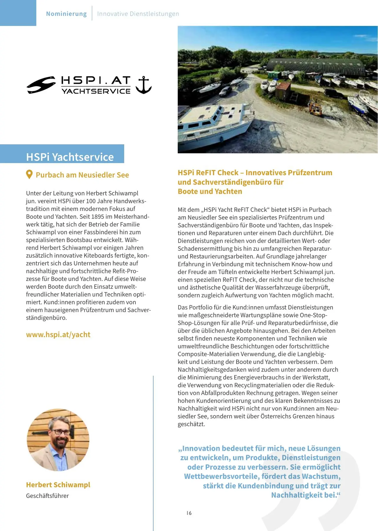 Offizielles Projektblatt zum HSPi Yacht ReFIT Check beim Burgenländischen Innovationspreis 2024