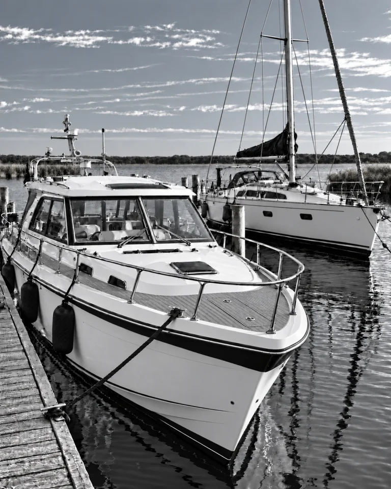 Motoryacht am Holzsteg und Segelyacht im Hafen